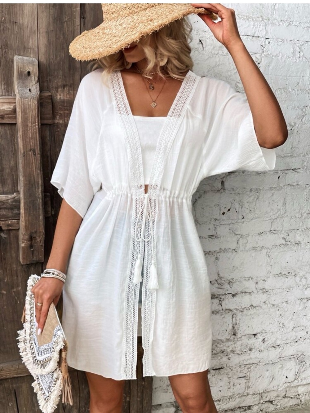 Women’s White Crochet-Trim Swim Cover-Up | Lightweight Beach Kaftan